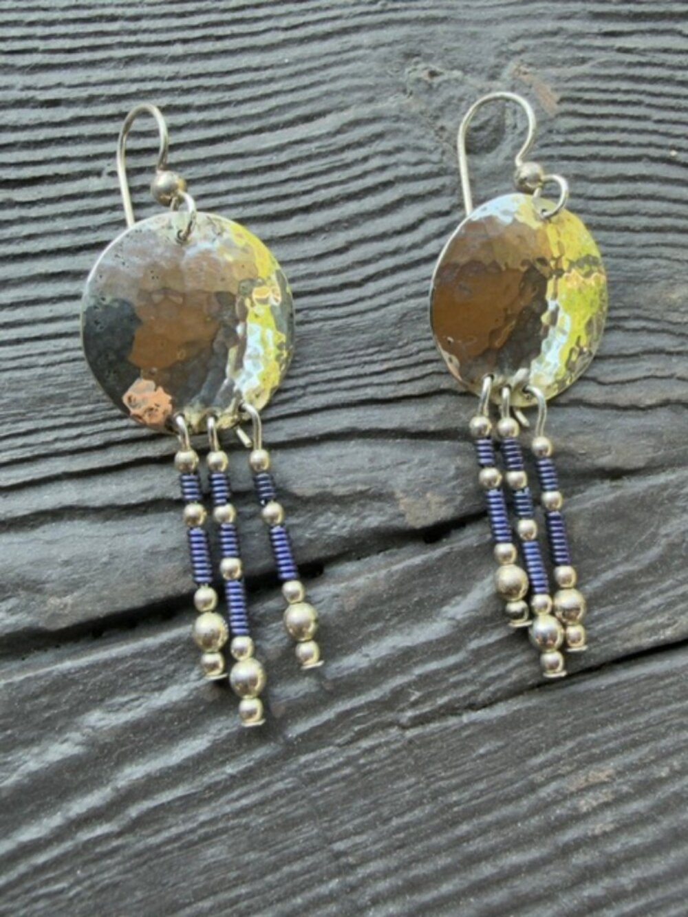 Vintage Sterling Silver Hammered Disc Beaded Fringe Earrings